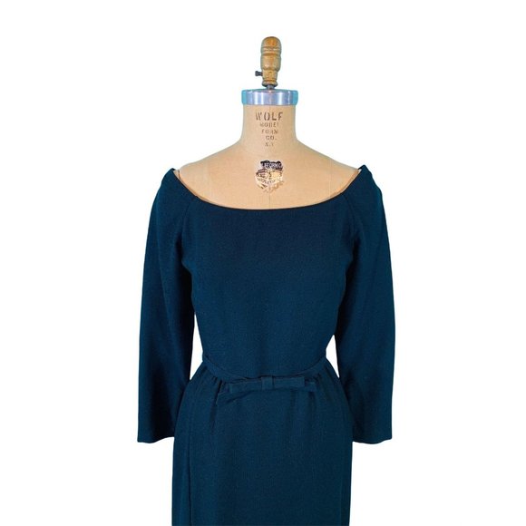 Vintage 1950s Black Cocktail Dress Off The Shoulder Bow Belt Sheath | W 26" - Picture 8 of 10